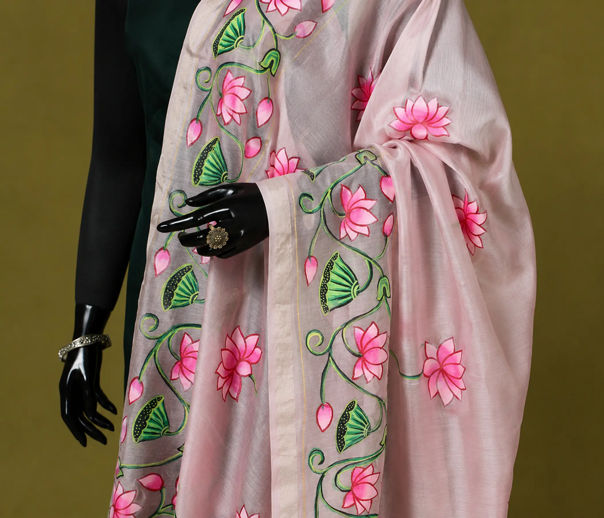 Hand Painted Blush Pink Organza Dupatta with Lotus Floral Vine Art